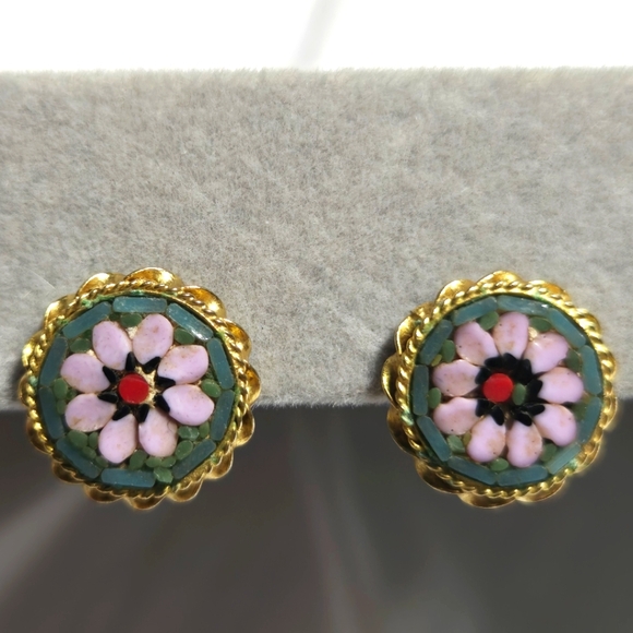 Jewelry - Floral Vintage Micro Mosaic Goldtone Clipon Earrings